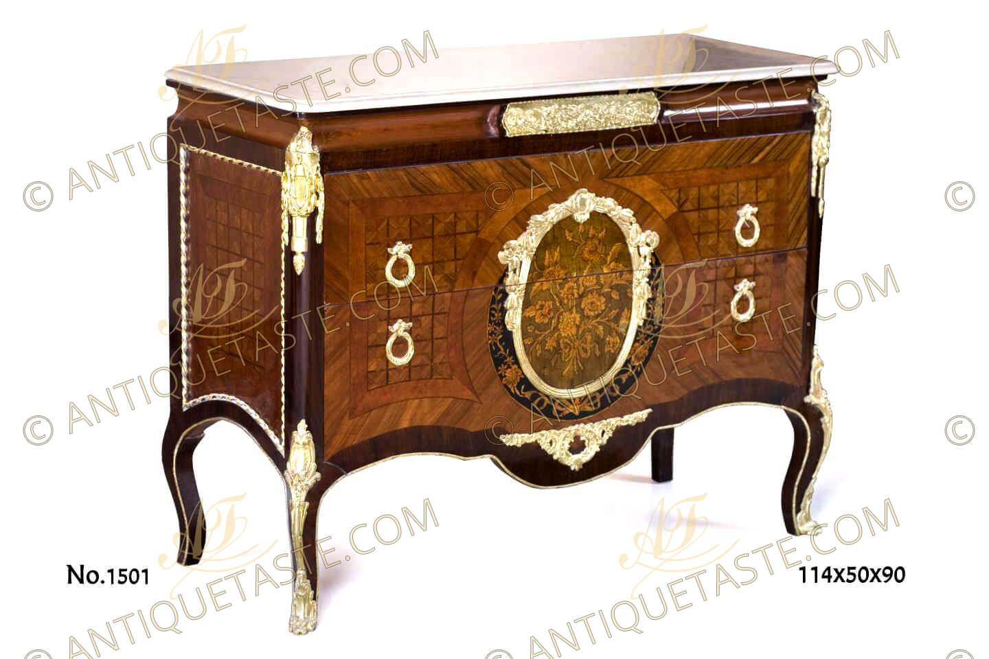 French Louis XV style ormolu mounted parquetry and marquetry veneer inlaid commode on the manner of Haentges Freres, 19th century, with a beautiful beveled white marble top above a concave frieze centered with an ormolu plaque of playful cherubs above a two wide drawers inlaid with parquetry style veneer, centered with marquetry flowers bouquet encircled with a gilt-ormolu foliate trim mount surrounded with an ebonized crescent inlaid with marquetry pattern of a ribbon tied trellis above a scroll shell ormolu mount, the sides inset with parquetry inlay design inside a twisted ormolu frame, the corners are headed with a royal ormolu mounts of a laurel wreath pendant cartouche above a pine cone, the commode stands on cabriole legs ornamented with acanthus ormolu mounts extended to foliate ormolu sabots